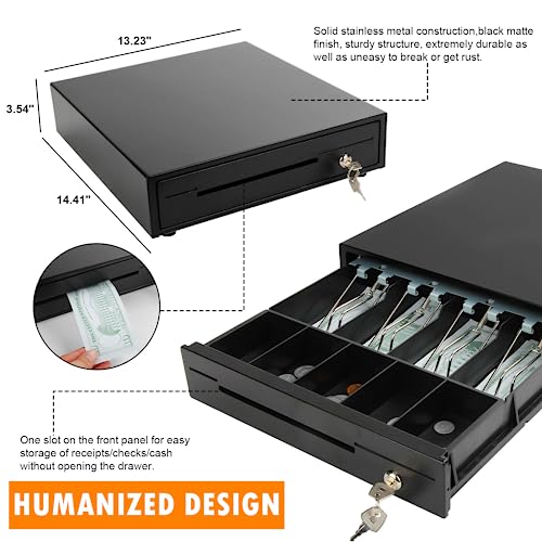 Sgorlds 14" Cash Register Drawer For Pos Machine With 4 Bill 5 Coin Fully Removable Cash Drawer Tray Coin Compartment,12-24V,Rj11/Rj12 Compatible,Key Lock #TOP4