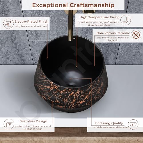 Image of Plantex Ceramic Tabletop Washbasin /Bathroom Basin Sink /Basin for Bathroom /Wash Basin for Restaurant /Hotel (Black & Gold - 16.5 x 16.5 x 13 Inch)
