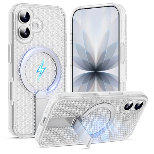 COOYA for iPhone 17 Heat Dissipation Case, 2-Layers Cooling Breathable Hole with Magnetic Ring & Metal Kickstand, Corners Reinforced Drop Protection Shell, Anti-Yellowing, 6.3-inch, Translucent White