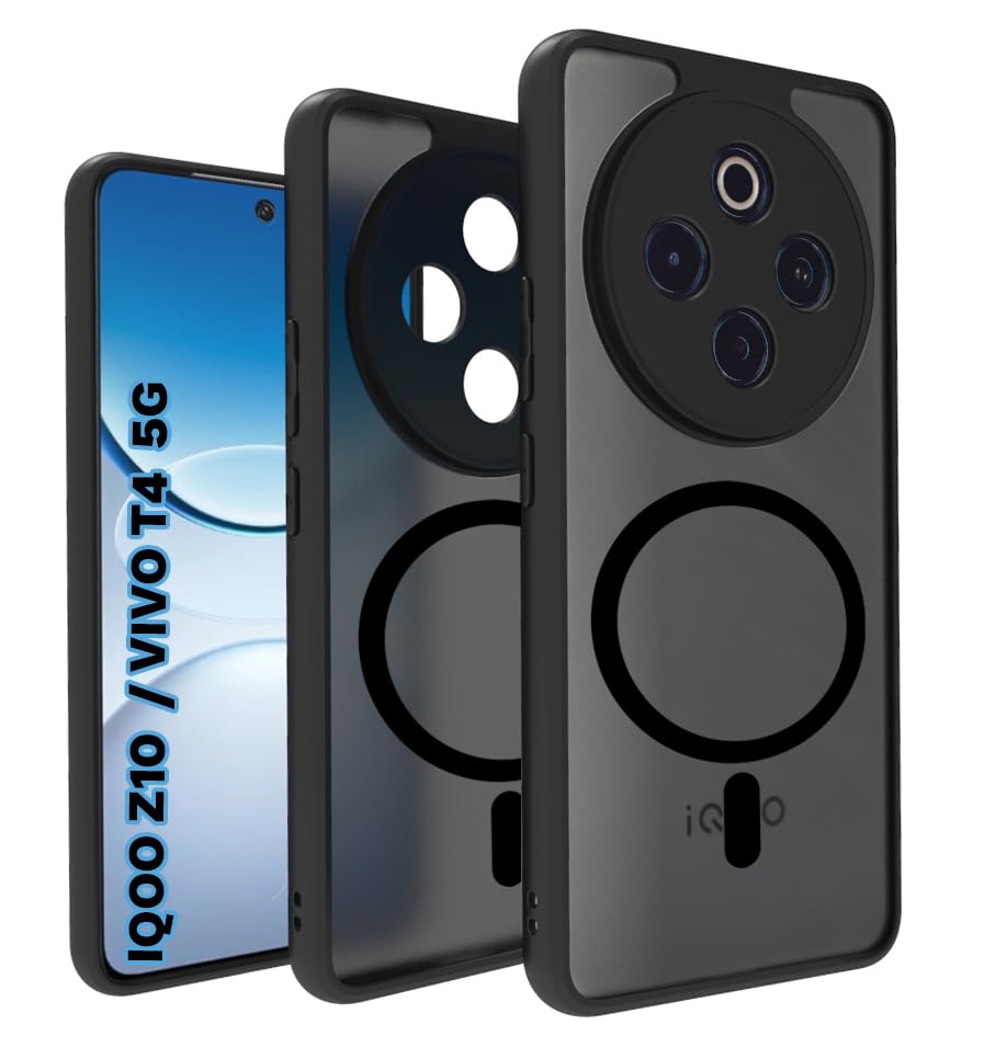 RIGGEAR Shockproof Sleek Hybrid Armor Magnetic Back Cover Case Compatible with MagSafe Accessories for iQOO Z10 5G / VIVO T4 5G (Smoke Black Matte PC with Black TPU Bumper)
