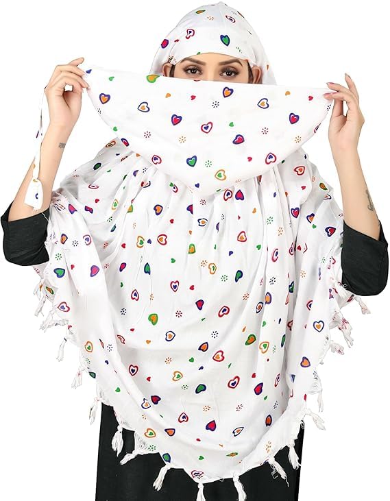 Image of Cotton Long Scarf Cum Mask Scarves Usable for Vehicle Driver | White Printed Design Fabric | Universal Size | Soft & Breathable Sun Protection | For Girl & Women