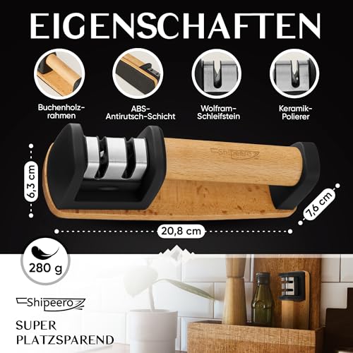 Foto von Shipeero Messerschärfer Testsieger, Messerschärfer Profi, Messerschleifer Profi, Messerschleifer Testsieger, Knife sharpener, Ergonomisches Umweltfreundliches Buchenholz Design