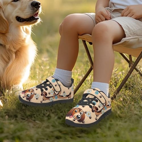 Little Kid Boys Girls Lightweight Breathable Sneakers Strap Athletic Tennis Shoes for Running Walking Cute Dachshund Daisy Pattern3