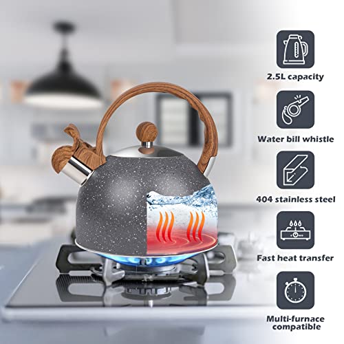 Awvlvwa WhistlingTea Kettle for Stovetop, 2.6 Quart Stainless Steel Water Teapot Boilers for Stovetops, Induction Stone Kettle with Loud Whistle - Perfect for Preparing Hot Water, Coffee,Milk (Grey)