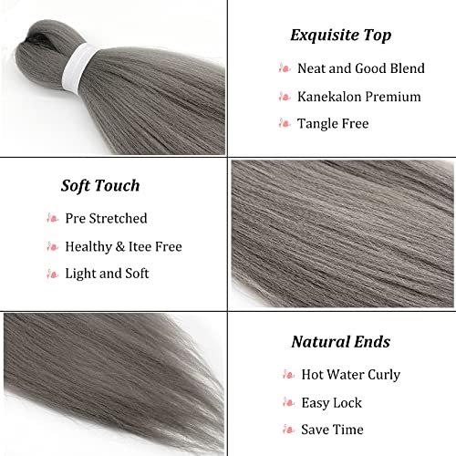 Grey Braiding Hair Pre Stretched Synthetic Hair For Braiding Micro Prestretched Braiding Hair 26 Inch 3 Packs Long Itch Free Knotless Yaki Crochet Twist Box Braids Weave Braiding Hair Extensions #TOP3