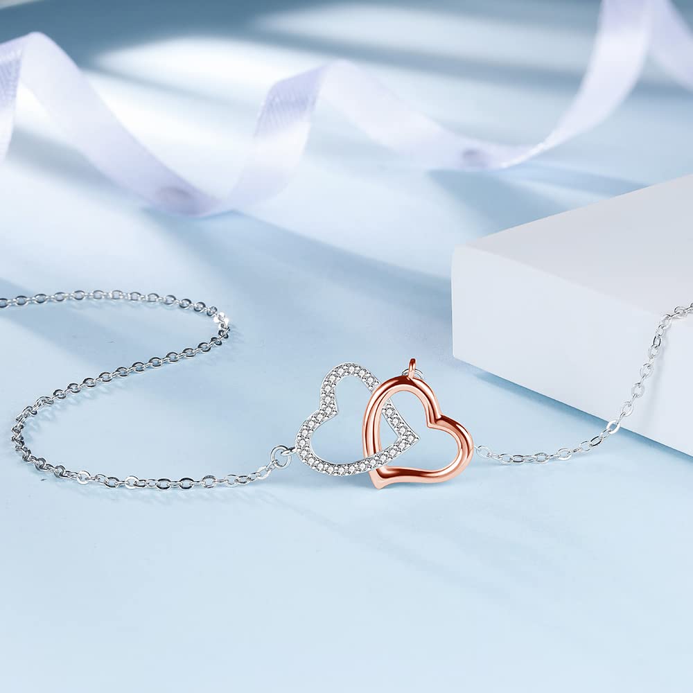 Collar de las Señoras de Plata Esterlina 925 Corazones Entrelazados Collar de las Señoras Colgante Para las Niñas las Mujeres con Caja de Joyería (plata y oro rosa)