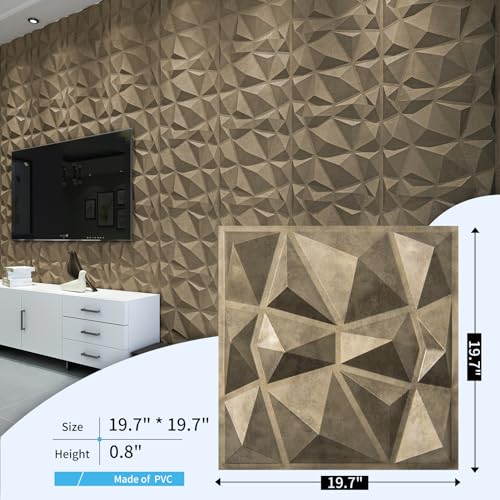 Art3d Textures 3D Wall Panels Antique Gold Diamond Design for Interior Wall Decor Pack of 12 Tiles 32 Sq Ft (PVC), 19.7 x 19.7 Inch(A10038GD) - Image 3