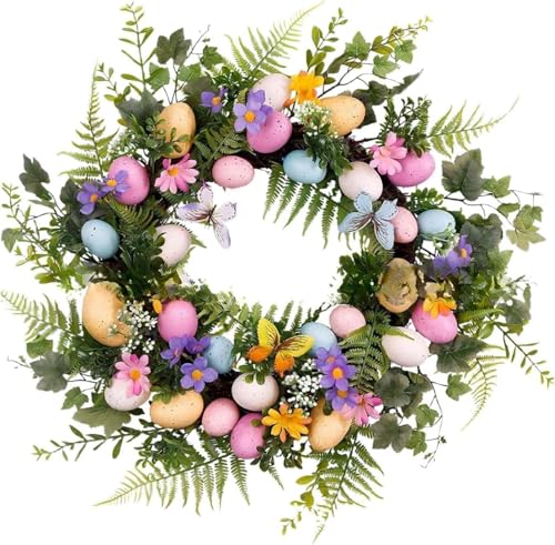 40CM Artificial Easter Wreath with Easter Eggs for Front Door Spring Wreath with Eggs Pastel and Mixed Twigs for Easter Decorations