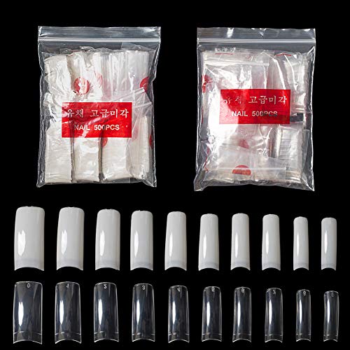 Feugole Artificial Acrylic False Nail 1000Pcs Clear/Natural DIY UV Gel Fake Nail Art Tips, French Lady Flake Nails Half Cover 10 Sizes with Individual Bag (Clear/Natural)