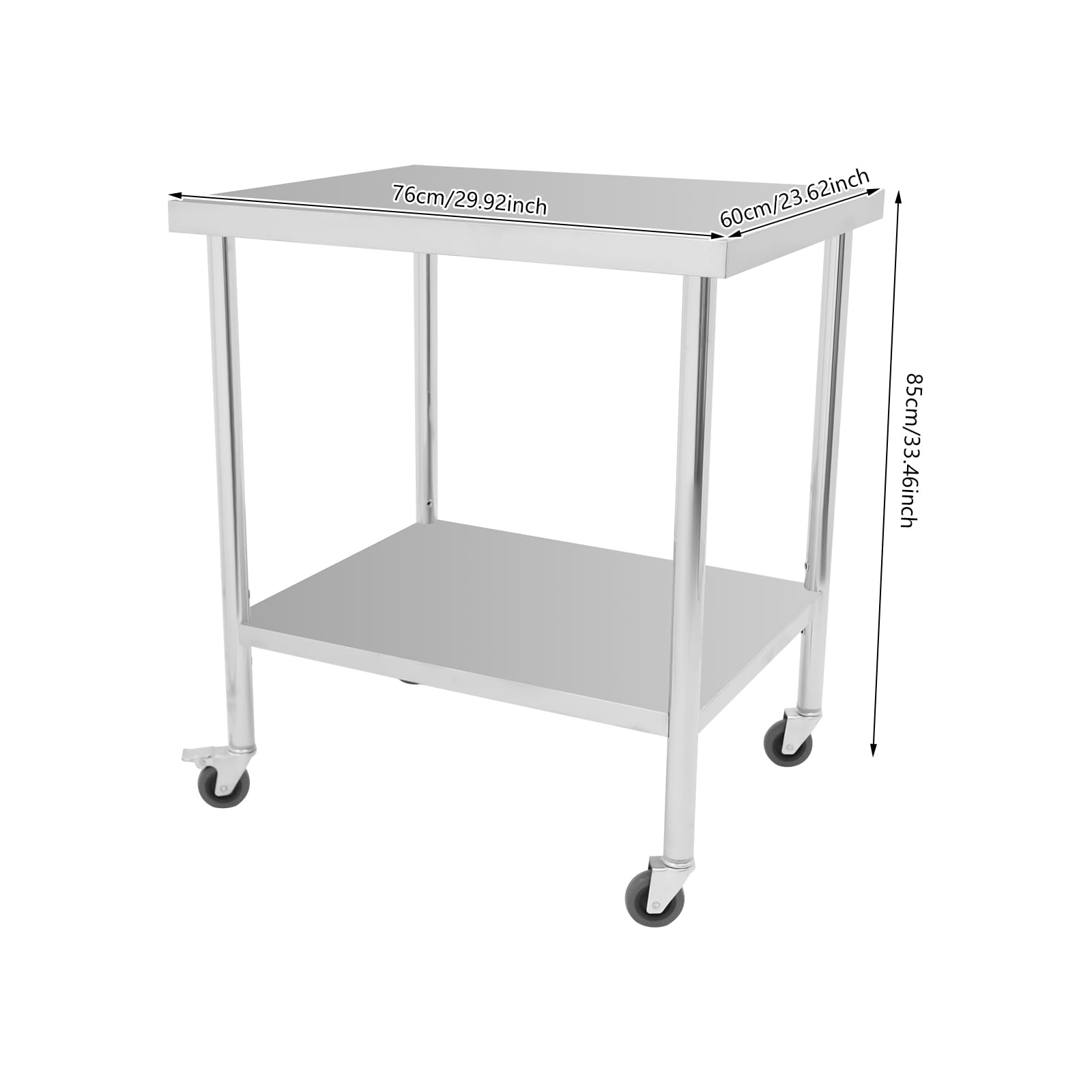 Tavolo da lavoro in acciaio inox 2 ripiani in acciaio inox 201 con 4 ruote, 2 freni, piastre di supporto triangolari rinforzate, gambe tubolari rotonde, superficie lucida, antigraffio, inossidabile