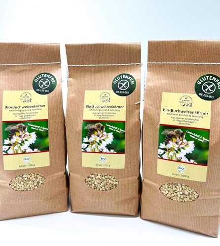 Bio-Buchweizenkörner 3x1000 g, 'glutenfrei' zertifiziert, schonend geschält ohne Wärmezufuhr, in Oberbayern/Deutschland angebaut, keimfähig, vegan, vegetarisch