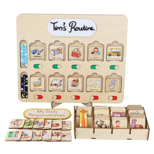 TinyKidz Wooden Kids Chore Routine Board, Toddler Visual Schedule, Home Responsibility Chart
