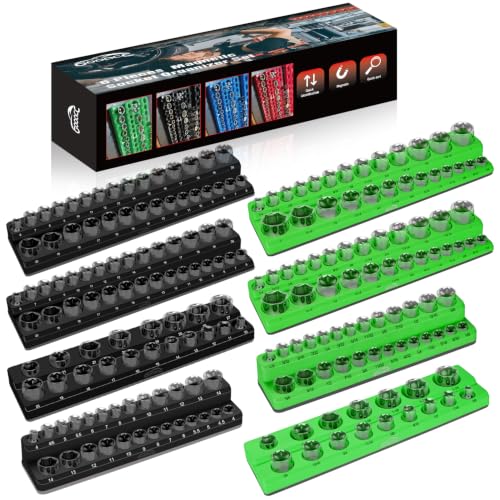 Image of GOOACC 8 PCS Magnetic Socket Organizer, Heavy Duty Socket Organizer Tray 1 /4 inch 3 /8 inch 1 /2 inch SAE Metric Drive Sockets Holds 199, Magnetic Socket Holder for Tool Box Drawer Chest Garage Storage, Black&Green
