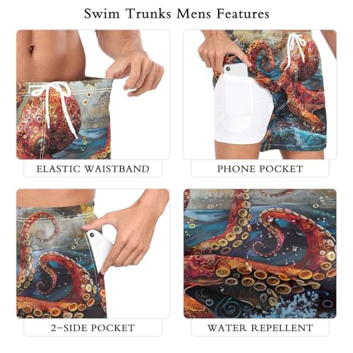 Red Octopus Mens Swim Trunks with Compression Liner 4.7" Inseam Quick Dry Swimming Shorts#5984