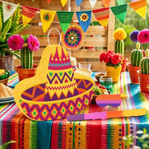 Mexican Sombrero Hat Pinata - Mexican Theme Party Decorations with a Blindfold and Bat for Cinco de Mayo Carnival Birthday Party Kids Classroom Game Decorations Supplies (16.14 x 11.81 x 3.15 Inches) by Hxezoc - Used condition - Image 4