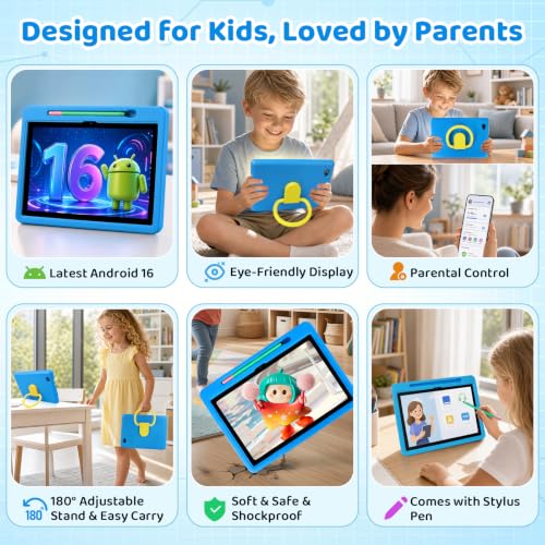 Image of Android 16 Kids Tablet HD 10 Inch with Stylus & Case, 24GB RAM 64GB ROM 1TB