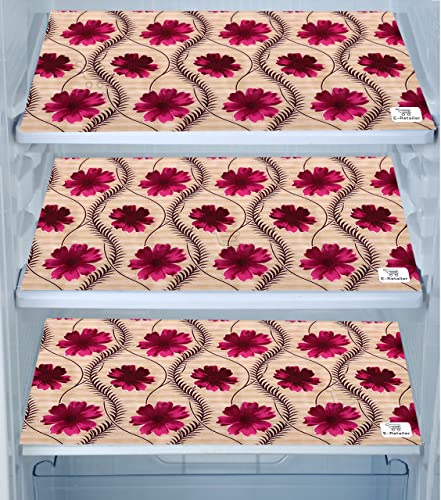 Image of Combo Set of 1 Pc Fridge Top Cover With 6 Utility Pockets and 3 Pc Fridge Mats (Golden, Set of 4)