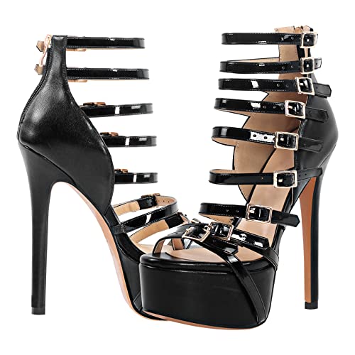 Image of richealnini Women's Crisscross Platform Stiletto High Heels Strappy Sandals with Zipper