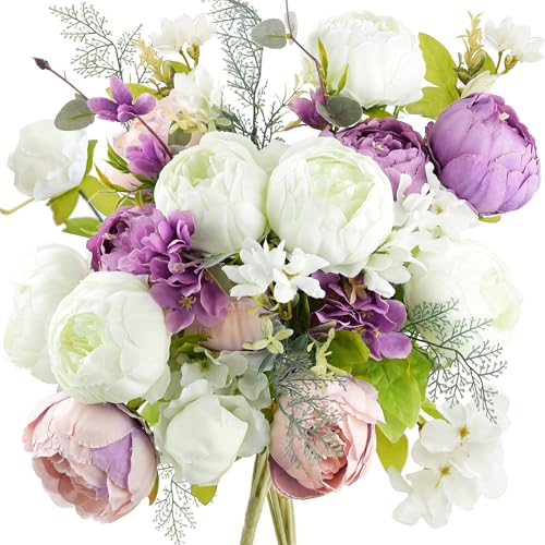 FiveSeasonStuff Artificial Peonies Bouquet – Set of 2 Whimsical Lavender Bliss Silk Flowers, Purple and White Blooms, Multiple Stems per Main Stem, for Weddings, Home Decor, DIY Floral Arrangements