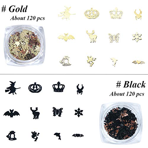 Macute Halloween Nail Art Glitters Gold Black Metal Decorations Nail Art Flakes Pumpkin Witch Spider Bat 3D Halloween Acrylic Manicure Sequins Holographic Face Body Confetti For Nail Art Tips Decor #TOP6