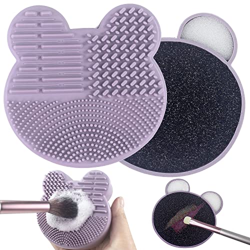 2 In 1 Design Makeup Brush Cleaning Mat+Color Removal Sponge, Silicone Scrubber Cleaner Pad Portable Cosmetic Clean Tools (Purple) #TOP8