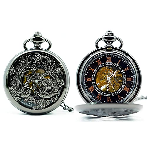 Montre de poche dragon chinois noir mécanique à remontage manuel vintage