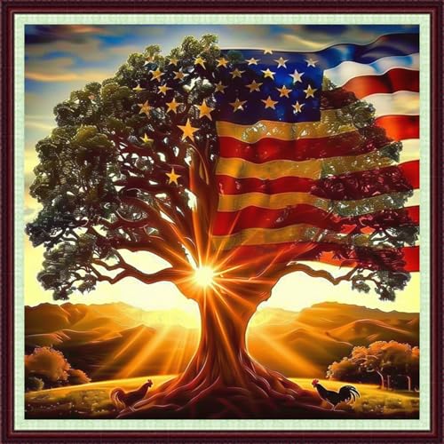 Image of Dooxvey Cross Stitch Kits for Adults Beginners,Full Range of Cross-Stitch Stamped Kits Needlepoint Kits for Beginners Embroidery Kits 11CT Cross Stitch Patterns-National Flag Trees 18x18 inch