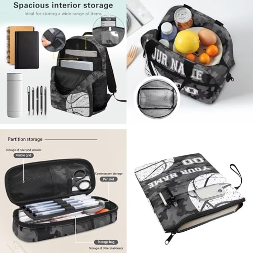 Boys Customized Basketball Print Backpack with Lunch Box Pencil Case Book Sleeve - 4PCS Grey Camo BookBags for Boys School Backpacks Set for Kids3