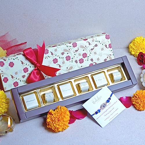 Image of Velvet Fine Chocolates Rakhi Gift Hamper with 6 Assorted Chocolates, 1 Rakhi and 1 Card
