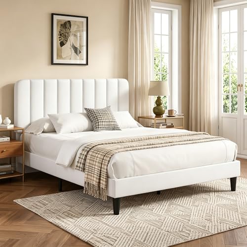 Image of VECELO Full Size Bed Frame with Upholstered Headboard, Velvet Platform Bedframe Mattress Foundation, Strong Wood Slat Support, No Box Spring Needed,White