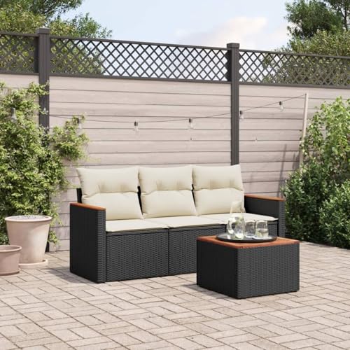 Homgoday Juego de sofás jardín 4 pzas con Cojines ratán sintético Negro Sofá de jardín Muebles de Exterior para jardín, terraza, Exterior con Mesa Rattan Garden Furniture Set de Jardin Negro y Crema