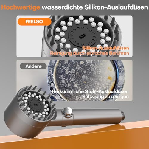 FEELSO Duschkopf mit 15-Schichte Filter, 4 Strahlarten Hochdruck Wassersparender Duschbrause mit stoppfunktion, Handbrause mit Anti-Verstopfungsdüsen für Entfernen vom Rest-Chlor, harten Wasser