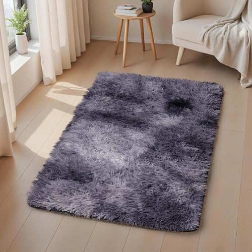 Aspire Homeware Rugs Living Room - Dark Grey Area Rugs for Bedroom Anti Slip - Modern Super Soft Thick Pile Small Fluffy Shaggy Rug Non Shedding (Tye-Dye Grey, 50x80 cm) - Image 2