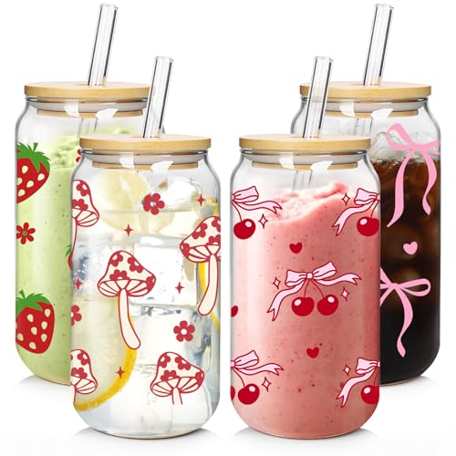Mason Life Coquette Cute Glass Cup with Lids and Straws 4Pack 18oz Drinking Smoothie Tumbler Cherry Strawberry Mushroom Bow Valentines Day Gift Cup for Mother's Gift Girls Sister