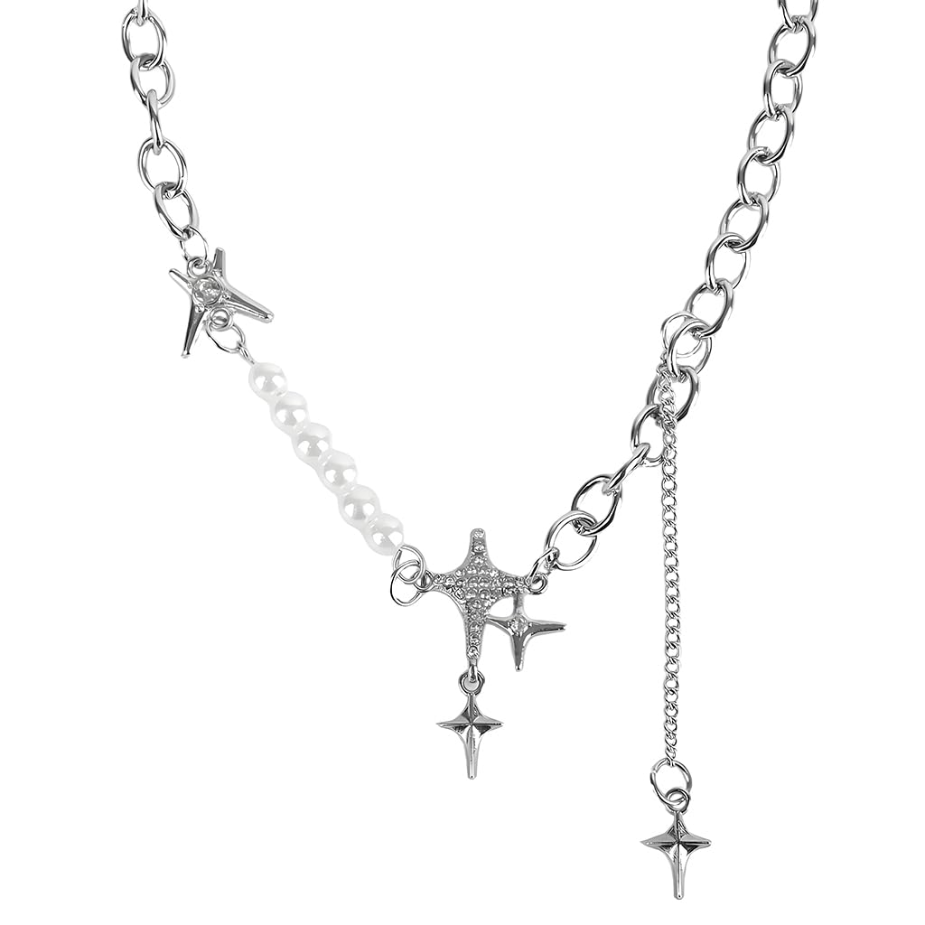 Y2K Gothic Choker Necklace, Silver Tone Pearl Beads, Star Pendant-image-25