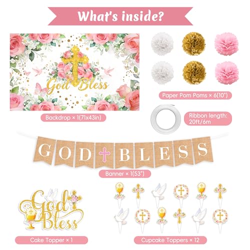 Kosydown Basic Baptism Decorations God Bless Backdrop with 3D Honeycomb Centerpieces, First Communion Bautizo Decorations Party Supplies for Girls, Christening Decor with Tablecloth Banner Balloons by Kosydown Basic - Used condition - Image 2