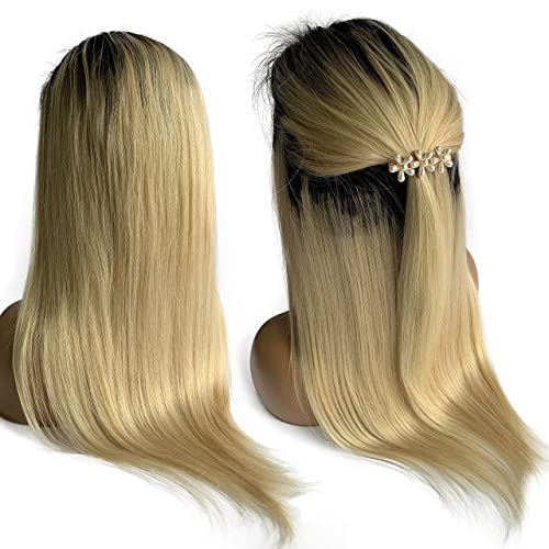613 Lace Closure Wig 4x4 Human Hair Silky Straight Pre Plucked Bleached Knots With Baby Hair Free Part 150% Density Glueless Blonde Wig Can Be Dyed for Women (14 Inch, 1b/613 Ombre Blonde)