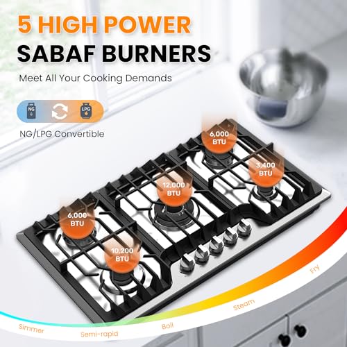 TOPWISH 36\" Built-in Gas Cooktop with Griddle,5 Italy SABAF Sealed Burners Gas Stove TOP, 41,800BTU, NG/LPG Convertible, Stainless Steel Propane Cooktop with Thermocouple Protection - Thumbnail 3