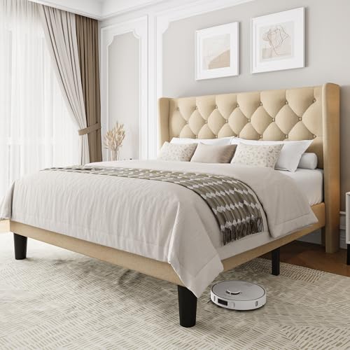 Einhomn Queen Size Platform Bed Frame with Fabric Upholstered Wingback Headboard, 11" Under Bed Space, Wooden & Metal Slats Support, No Box Spring Needed, Beige by Einhomn - Used condition - US$127.43