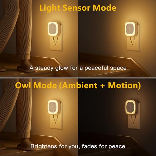 Image of YUNLEX 2 Pack Plug in Night Light with Motion Sensor & Dusk to Dawn Sensor, 3 in 1, Dimmable Reflected Light, Warm White Nightlight for Living Room, Bathroom, Hallway, Stairs
