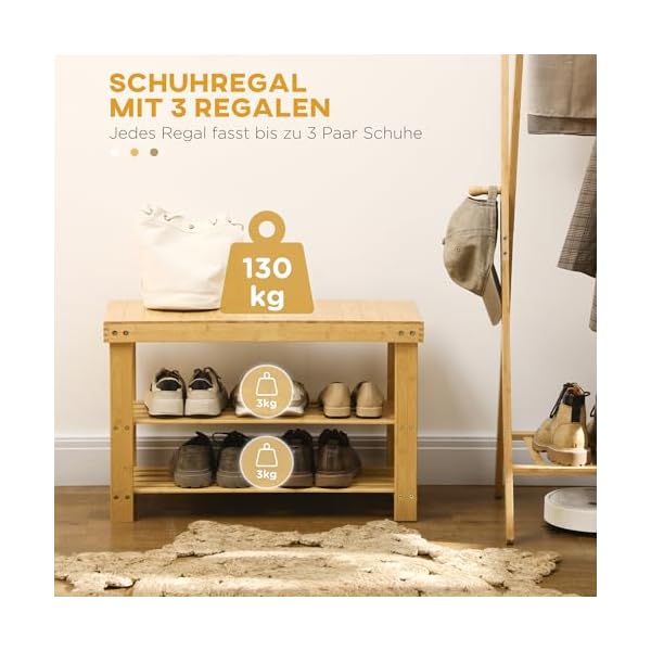 HOMCOM Schuhbank, Schuhregal mit 3 Etagen, Sitzbank aus Bambus, Garderobenbank für 6 Paar Schuhe, Schuhaufbewahrung für Flur, Diele, Natur, 70 x 28 x 45 cm – Bild 5