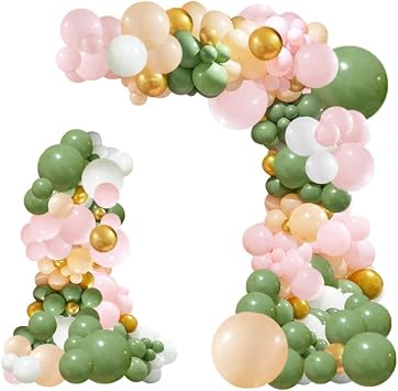 148pcs Pink and Green Balloon Arch Kit, Sage Green Pink Blush Peach Balloon Garland for Shower Wedding Jungle Safari Party Decoration