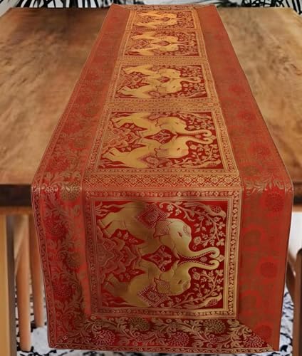 Image of Decorative Handmade Silk Table Runner Golen Brocade Dinning Table & Centre Table Top Decor Rectangular Runners Bed Runners Table Cloth for Wedding (152 X 40 CM ) (Orange Elephant)