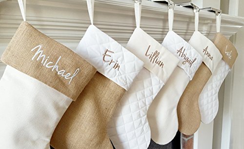 Personalized Christmas Stocking In Natural Burlap, Ivory Cream Quilted, Cotton. 1 Custom Stocking With Name Or Blank #TOP1