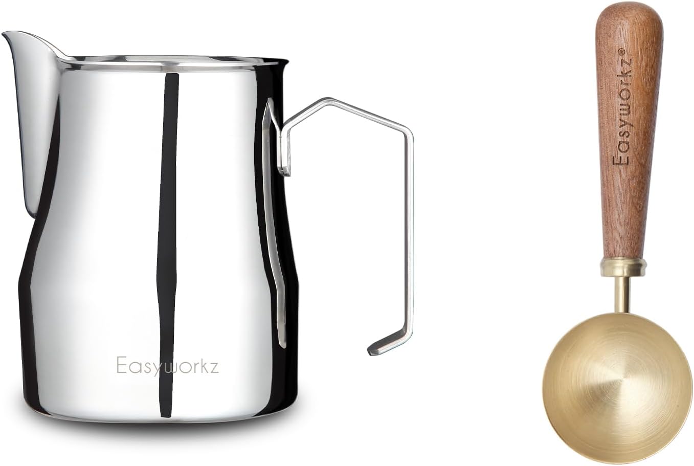 Easyworkz Espresso Steaming Pitcher Stainless Steel 12 oz Latte Art Cup, Bundled with Easyworkz Retro Stainless Steel Coffee Spoon With Black Walnut Handle,10g - Measuring Spoon (Brushed gold)
