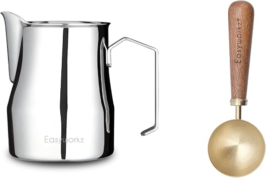 Espresso Steaming Pitcher Stainless Steel 12 oz Latte Art Cup, Bundled with Easyworkz Retro Stainless Steel Coffee Spoon With Black Walnut Handle,10g - Measuring Spoon Brushed gold