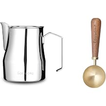 Easyworkz Espresso Steaming Pitcher Stainless Steel 12 oz Latte Art Cup, Bundled with Easyworkz Retro Stainless Steel Coffee Spoon With Black Walnut Handle,10g - Measuring Spoon Brushed gold