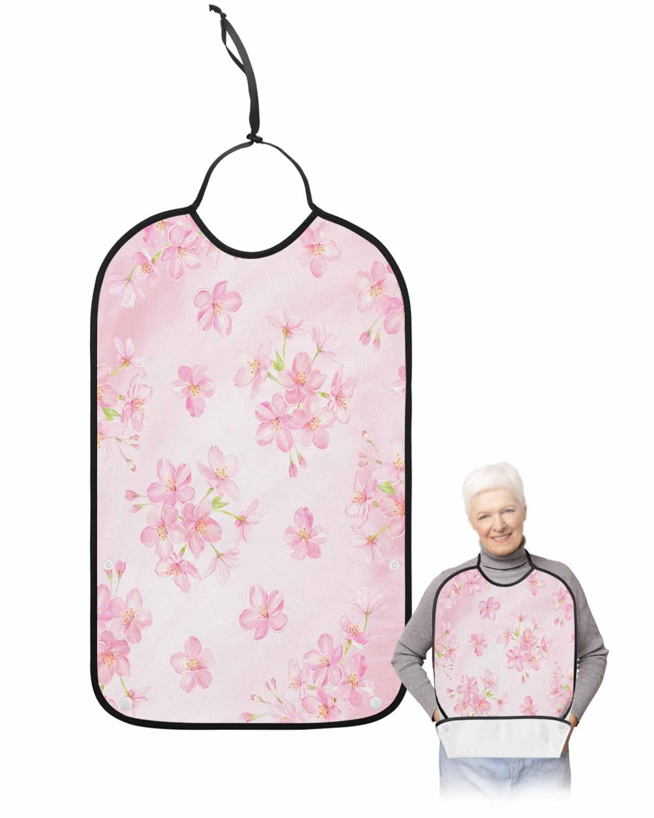 LEOKOTI Pink Spring Floral Adult Bibs for Eating, Waterproof Bibs with Food Catcher & Adjustable Snap Closure, Watercolor Cherry Blossom Washable Clothing Protectors Adult Bibs for Elderly Women/Men