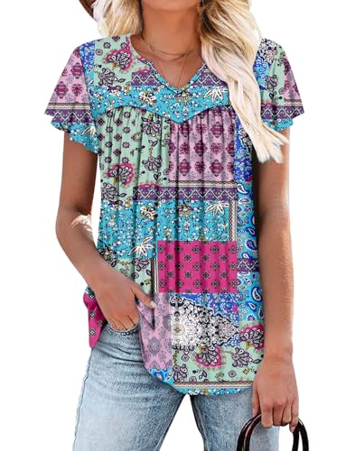 KISSMODA Tops for Womens Summer Cute Short Sleeve Shirts Trendy Notched Neck Blouses Casual Loose Pleated Tunics S-3Xl