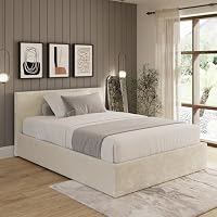 GFW Crushed Velvet Ottoman Bed, Cream King Size End Lift Storage Bed with Luxury Velvet Upholstery and Spacious Underbed Storage
